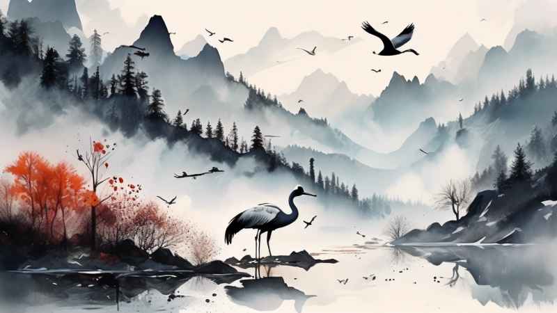 国风山水鹤插画背景 11