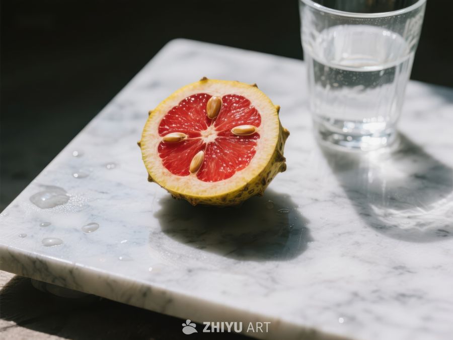 切开的柚子与水杯 422