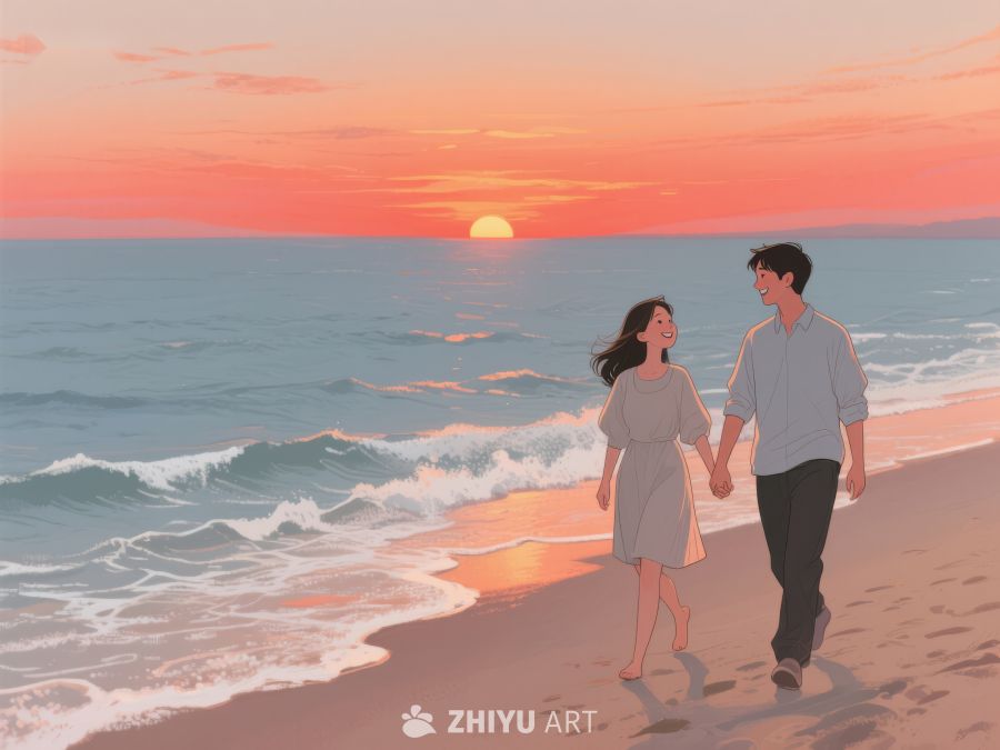 海边日落下的牵手情侣 253