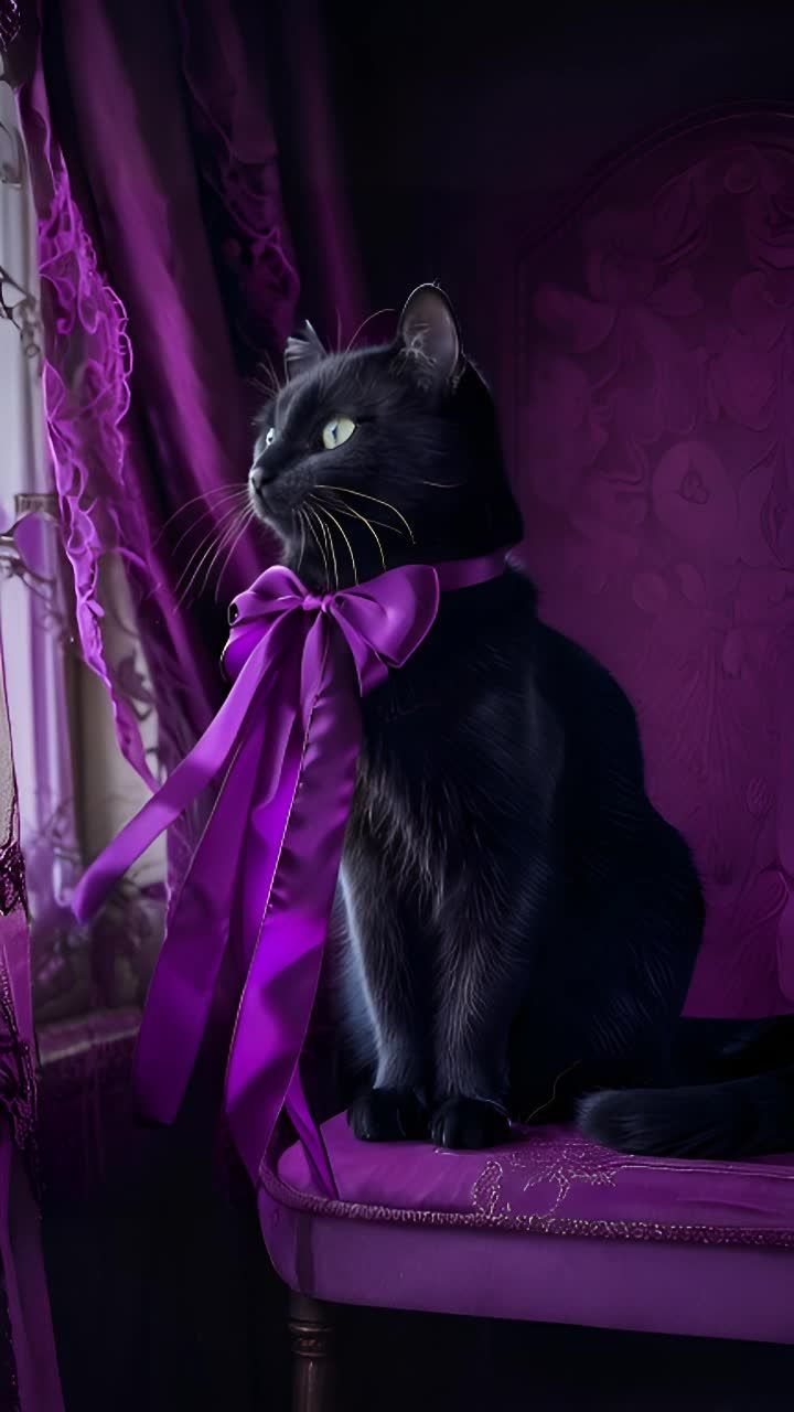 一只优雅的黑猫坐在华丽的紫色椅子上。房间装饰着精致的紫色窗帘、花边细节和配套家具，光线柔和地透过附近的窗户照射进来。猫咪静静地坐着，脖子上系着一个豪华的紫色蝴蝶结，为这个宁静而神秘的场景增添了一丝俏皮感。