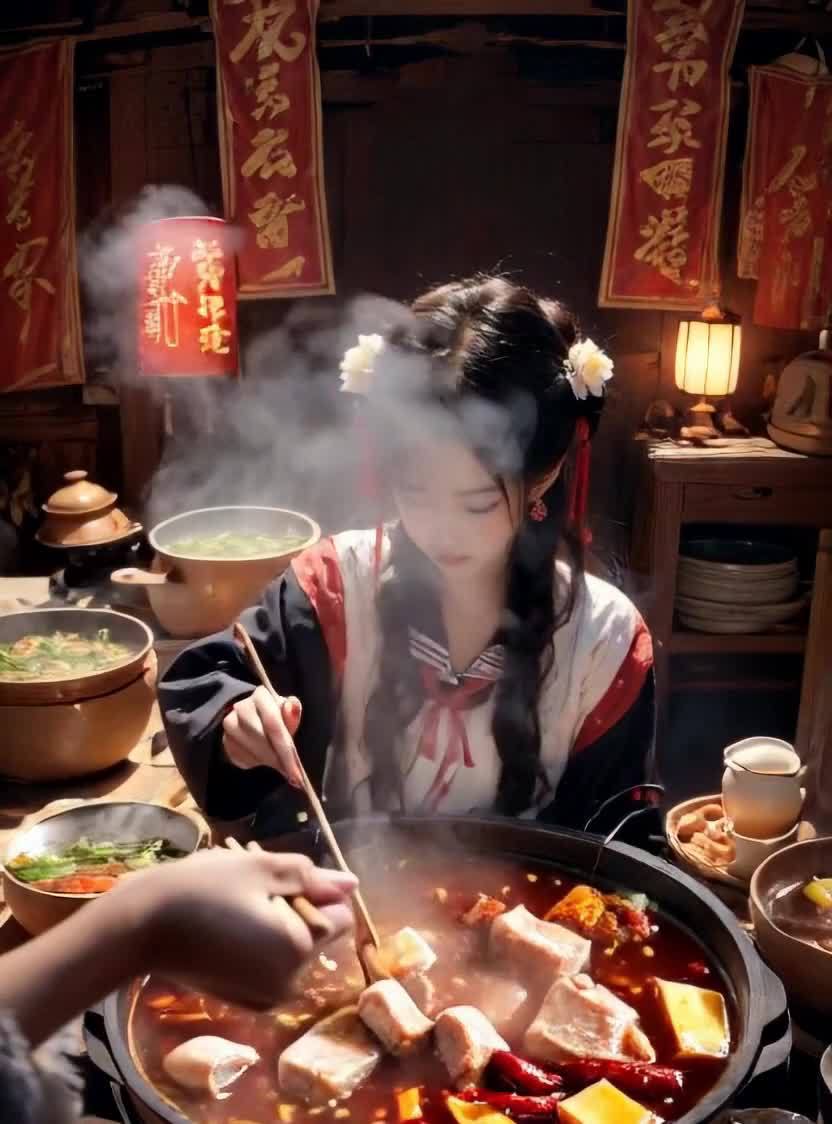 一位年轻女子坐在桌旁，面前摆放着一个装满食物的火锅