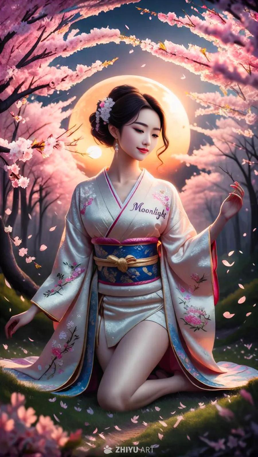 一位穿着和服的女子站在樱花树林中，樱花花瓣在她周围