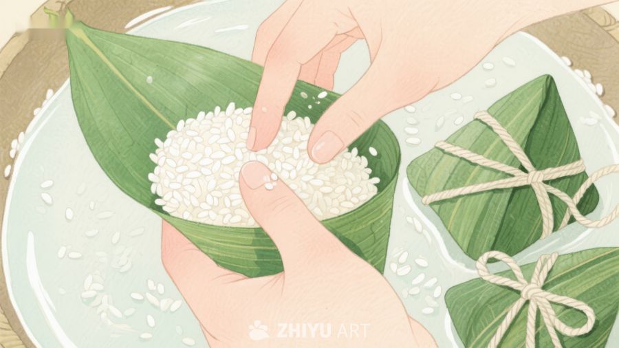 手工制作粽子，粽叶包裹糯米 384