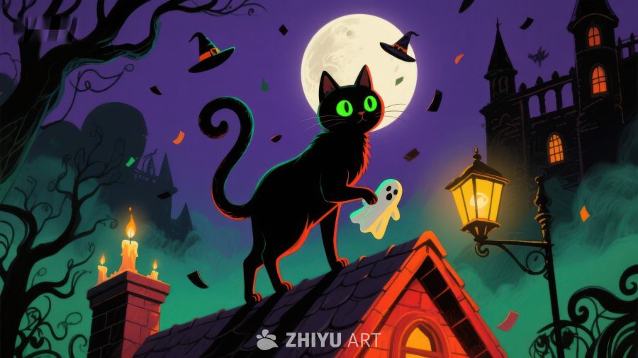 万圣夜屋顶上的黑猫与幽灵