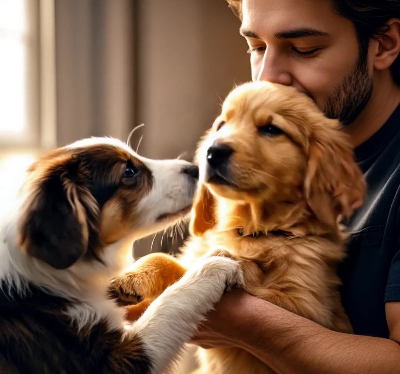 男子亲吻金毛幼犬，边境牧羊犬靠近互动
