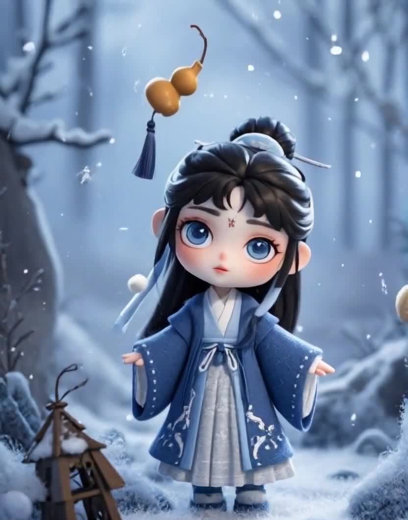 雪景中蓝衣古装小女孩，葫芦发饰和雪景