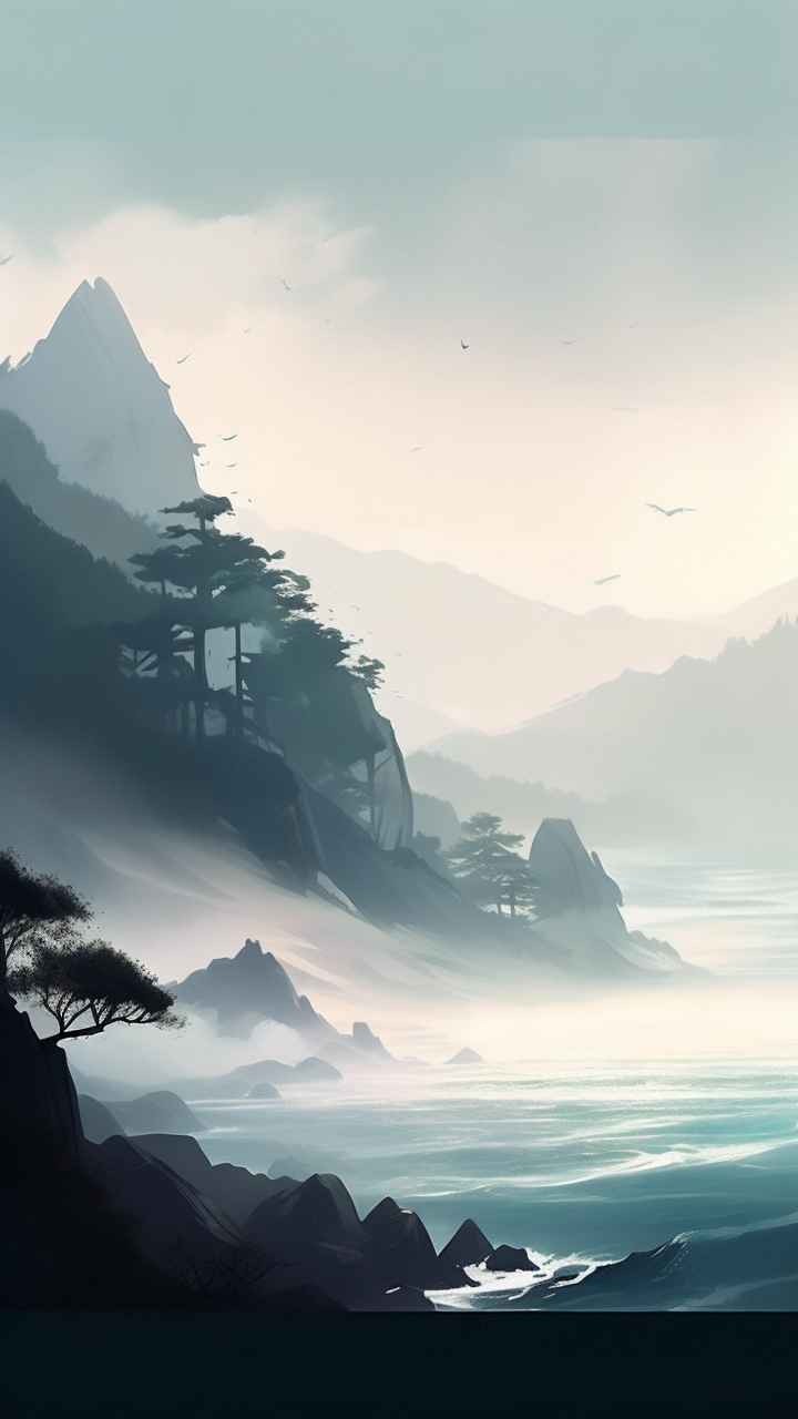 雾气缭绕水墨山水画简约风格 17