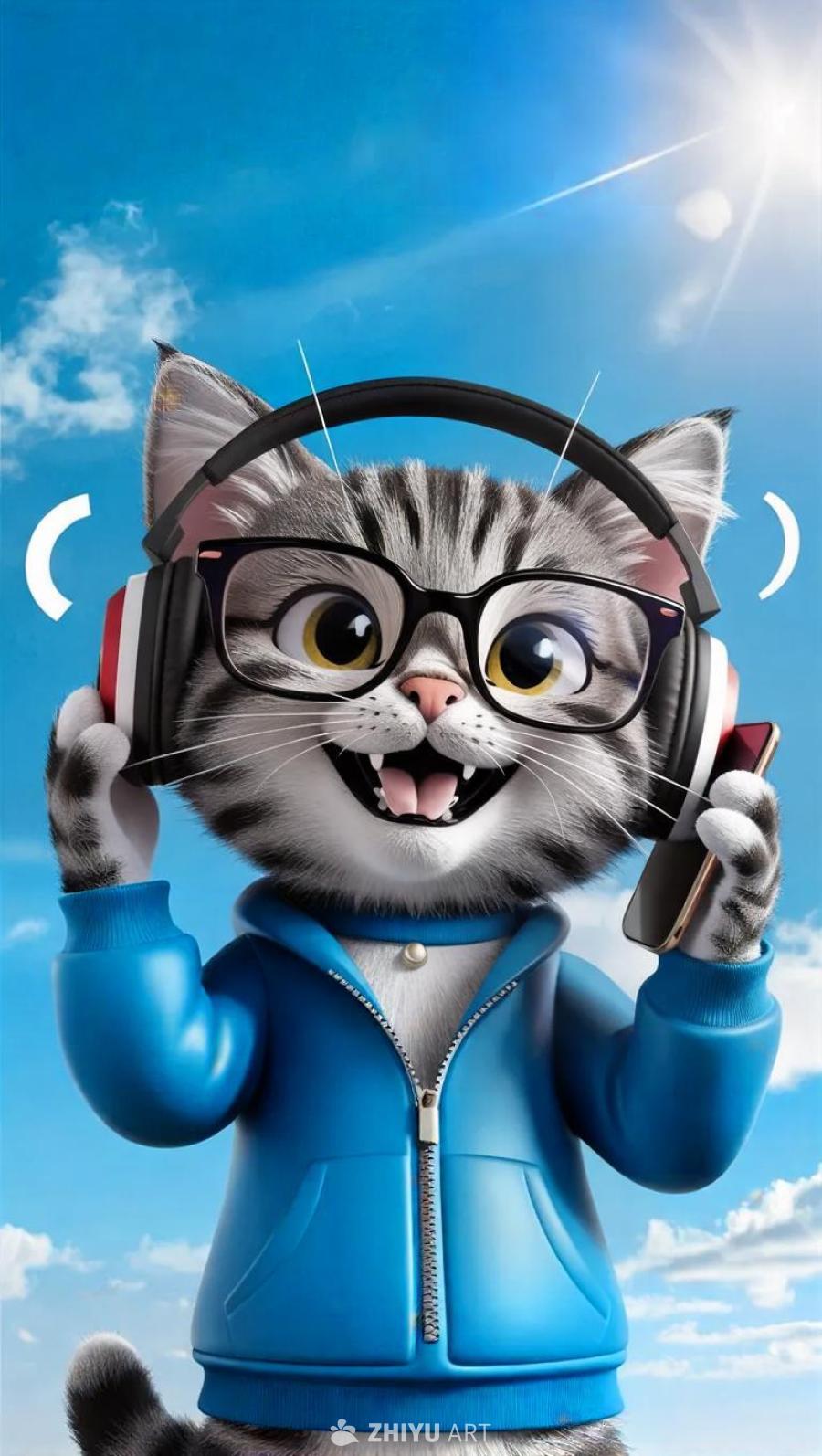一只可爱的3D猫戴着眼镜和耳机，在明亮的蓝天下高兴