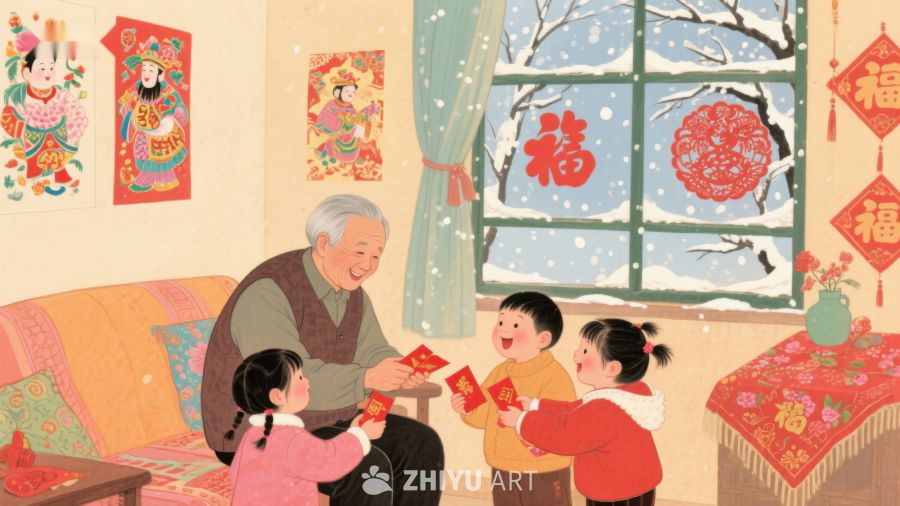 温馨春节：长辈分发红包给孩子们 895