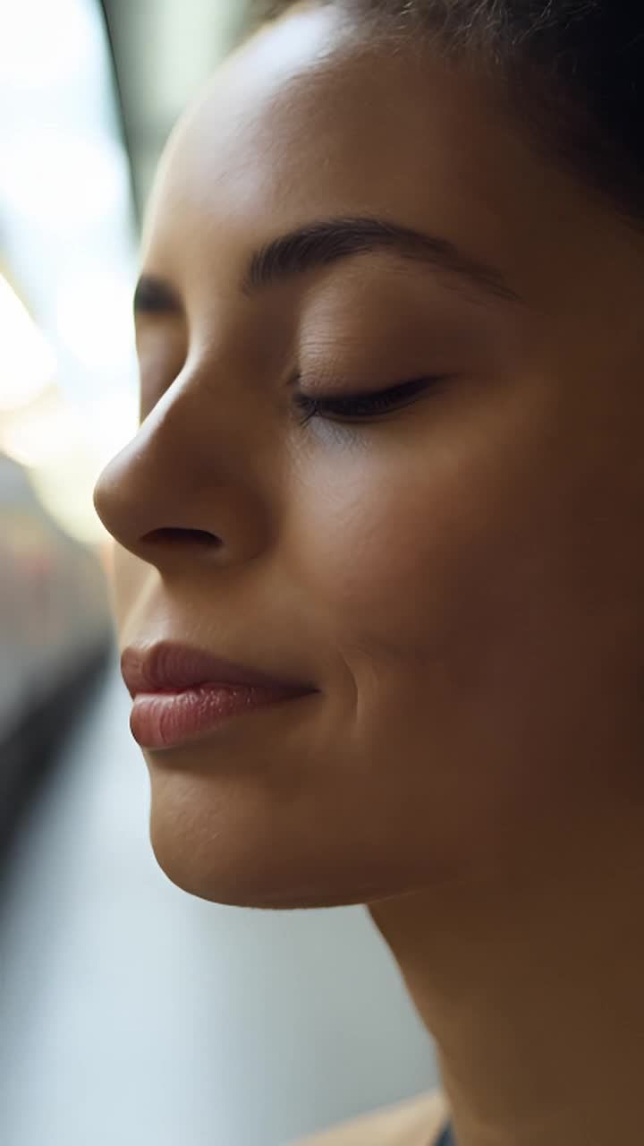 一个女人的脸部特写，她闭着眼睛，似乎在冥想。她的眉