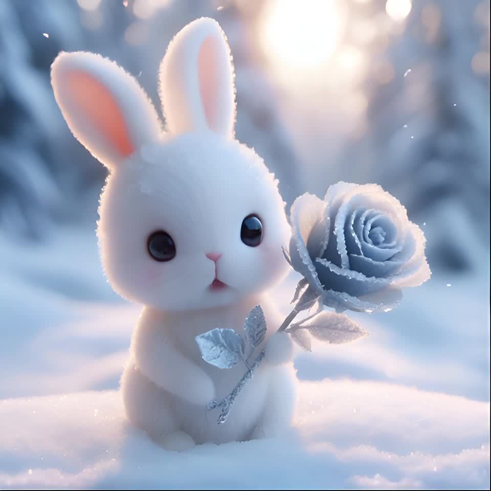 一只白色的小兔子站在雪地上，它的爪子里轻轻地握着一