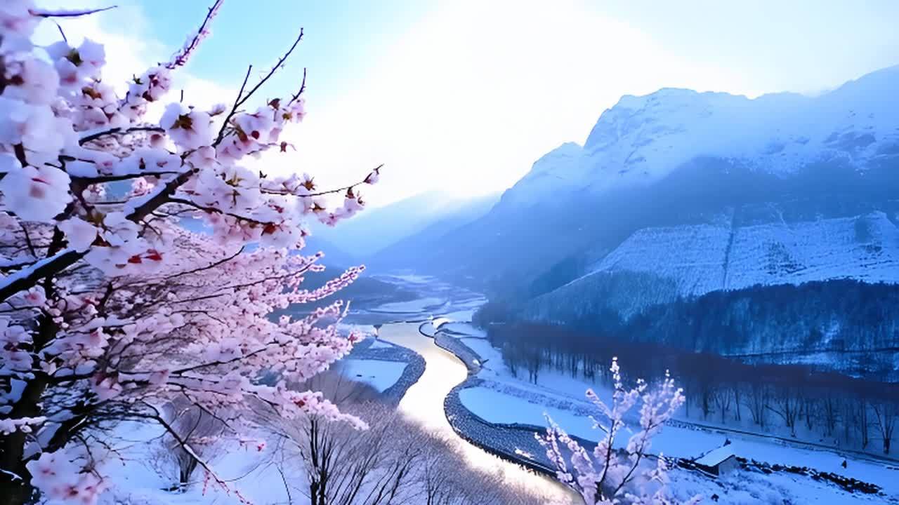 远处可见覆盖着皑皑白雪的山峰，山峰被雾气笼罩。一条