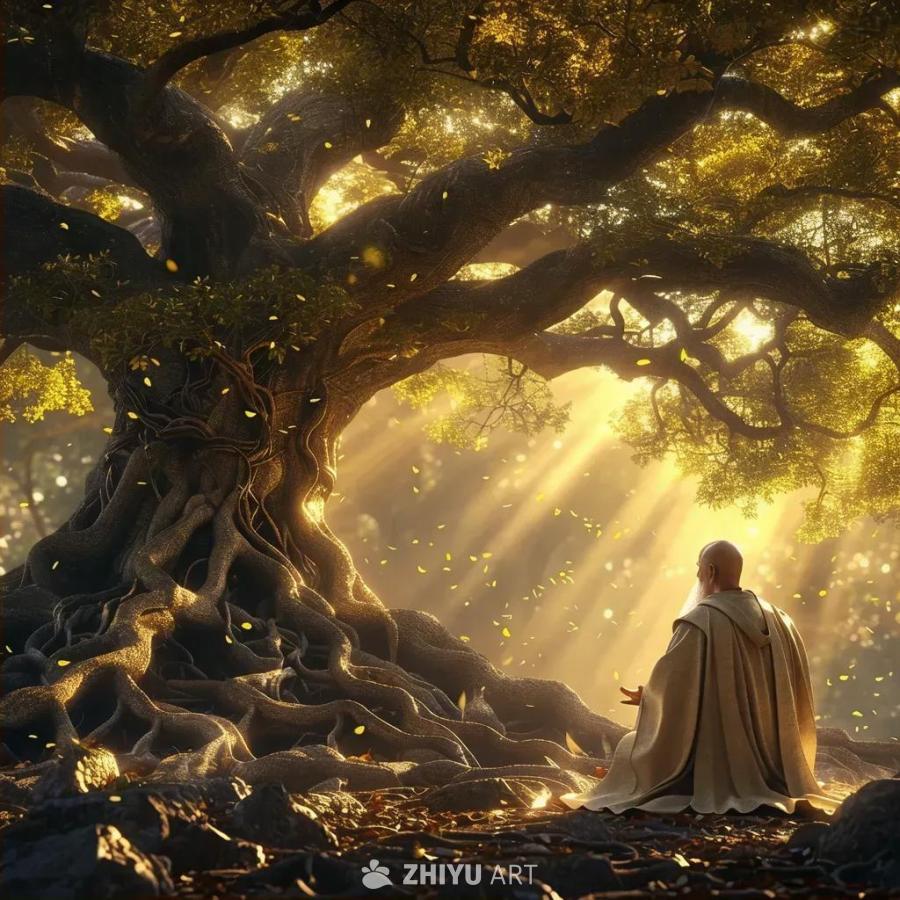 一位身穿长袍的古代大师和他的学生坐在巨大的古树下。