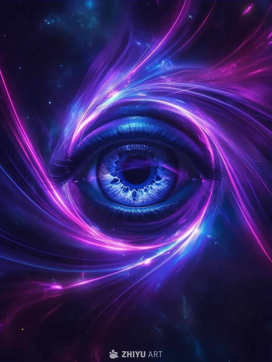 深紫色的背景中，散落着冰块和星系。一些线条汇聚成一