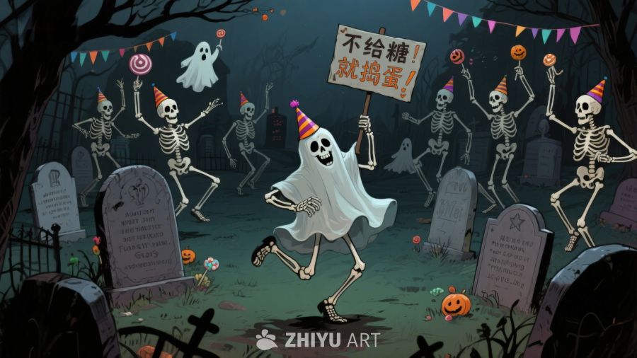 万圣节骷髅舞会，幽灵手持标语