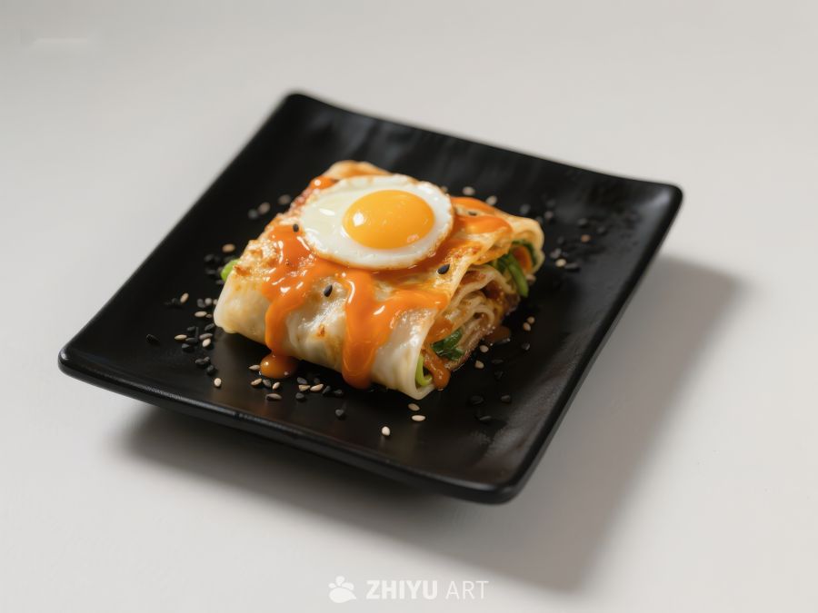 煎蛋酱汁卷饼，黑盘呈现 383