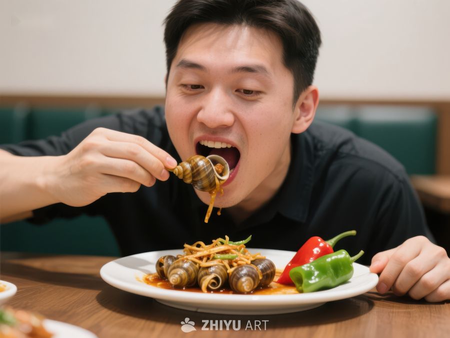 男子正在享用美味的螺类菜肴 631