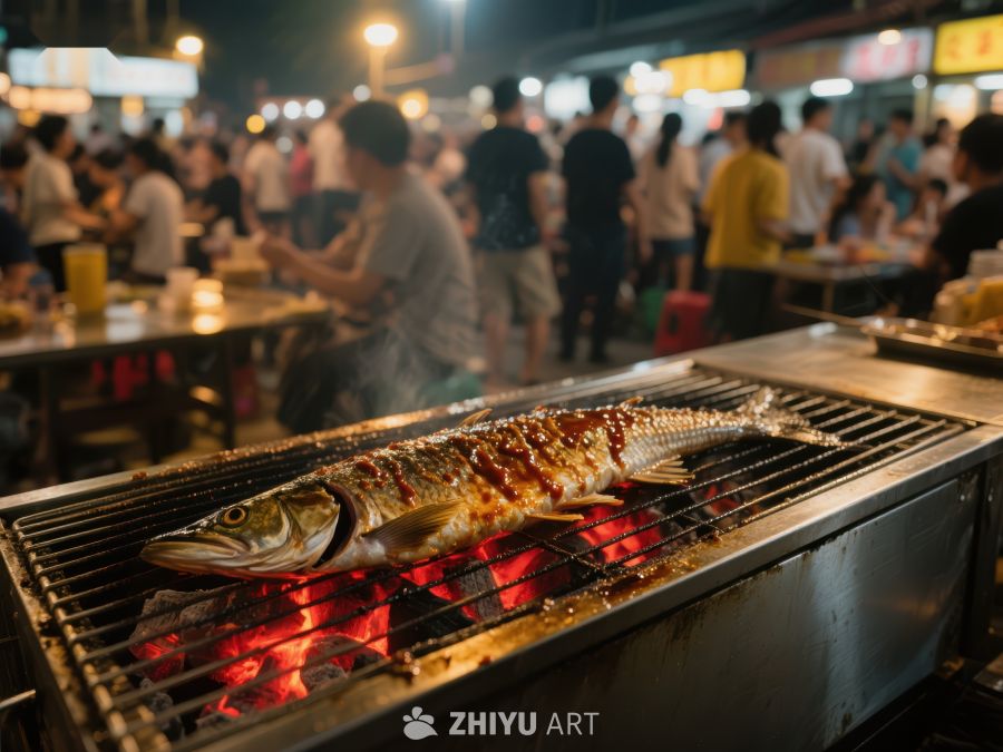 夜市烤鱼，炭火上的美味 1325