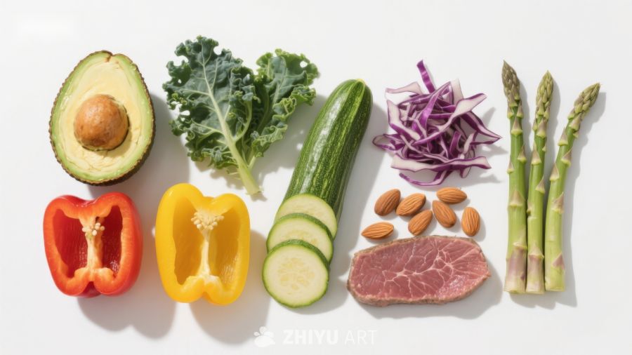 新鲜蔬菜与肉类食材组合