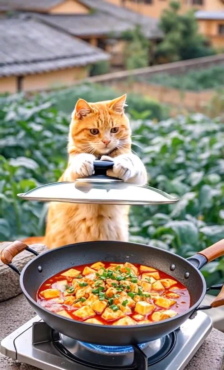 橘猫户外烹饪麻婆豆腐，盖锅盖好萌呀！