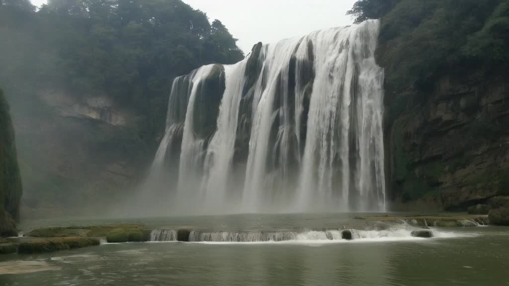 一个宽阔的瀑布从高耸的悬崖上倾泻而下，水流湍急，撞