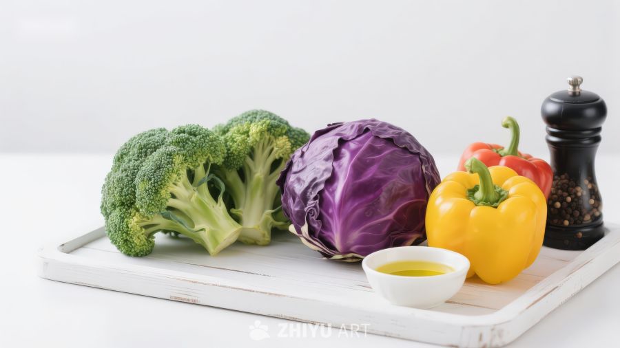 新鲜蔬菜与调味品摆盘