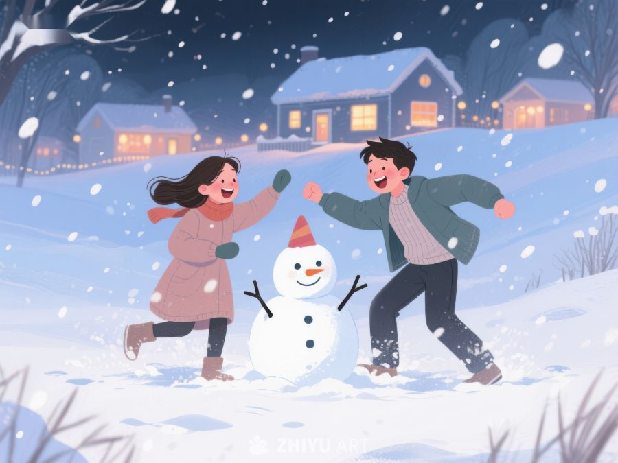 冬夜雪地欢笑，共筑雪人 174