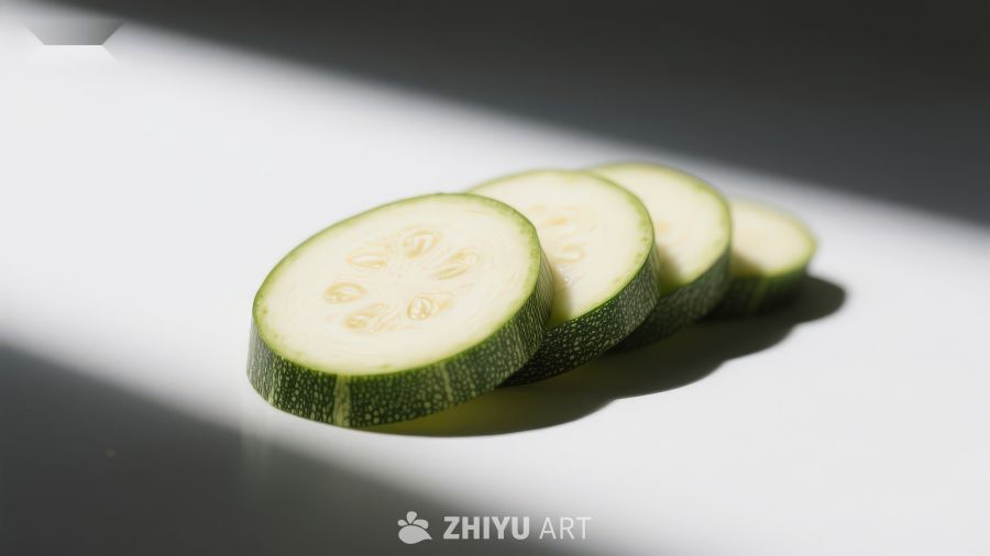切片的西葫芦排列在光线下
