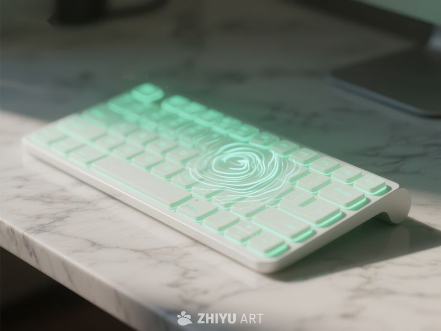 发光键盘置于大理石桌面 136