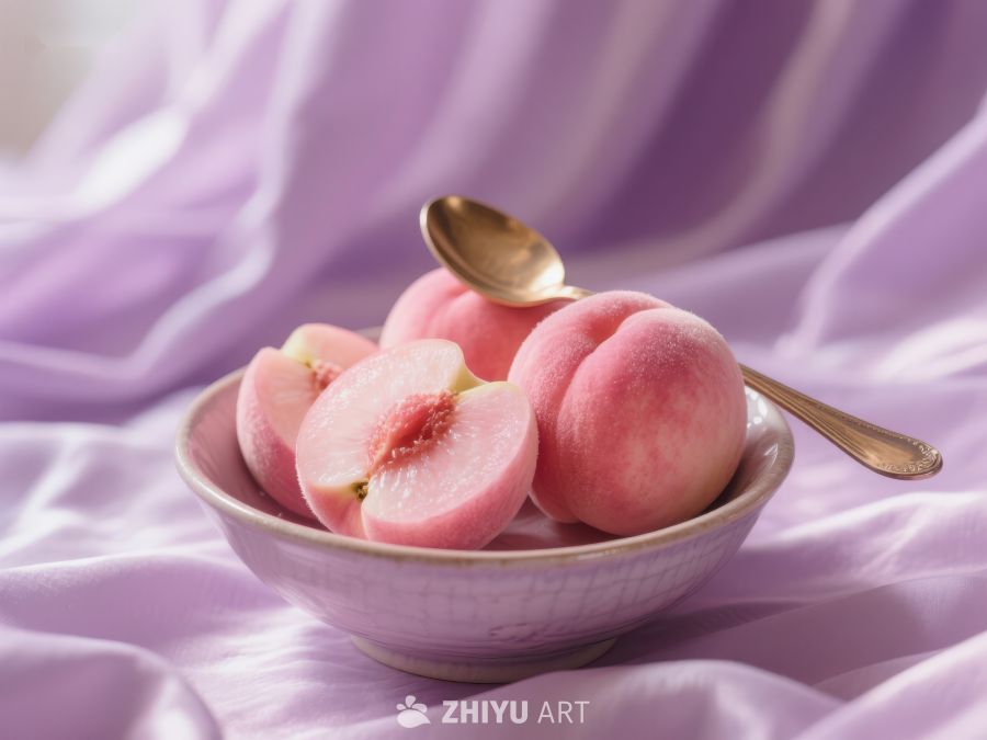 碗中新鲜桃子与金色勺子 447