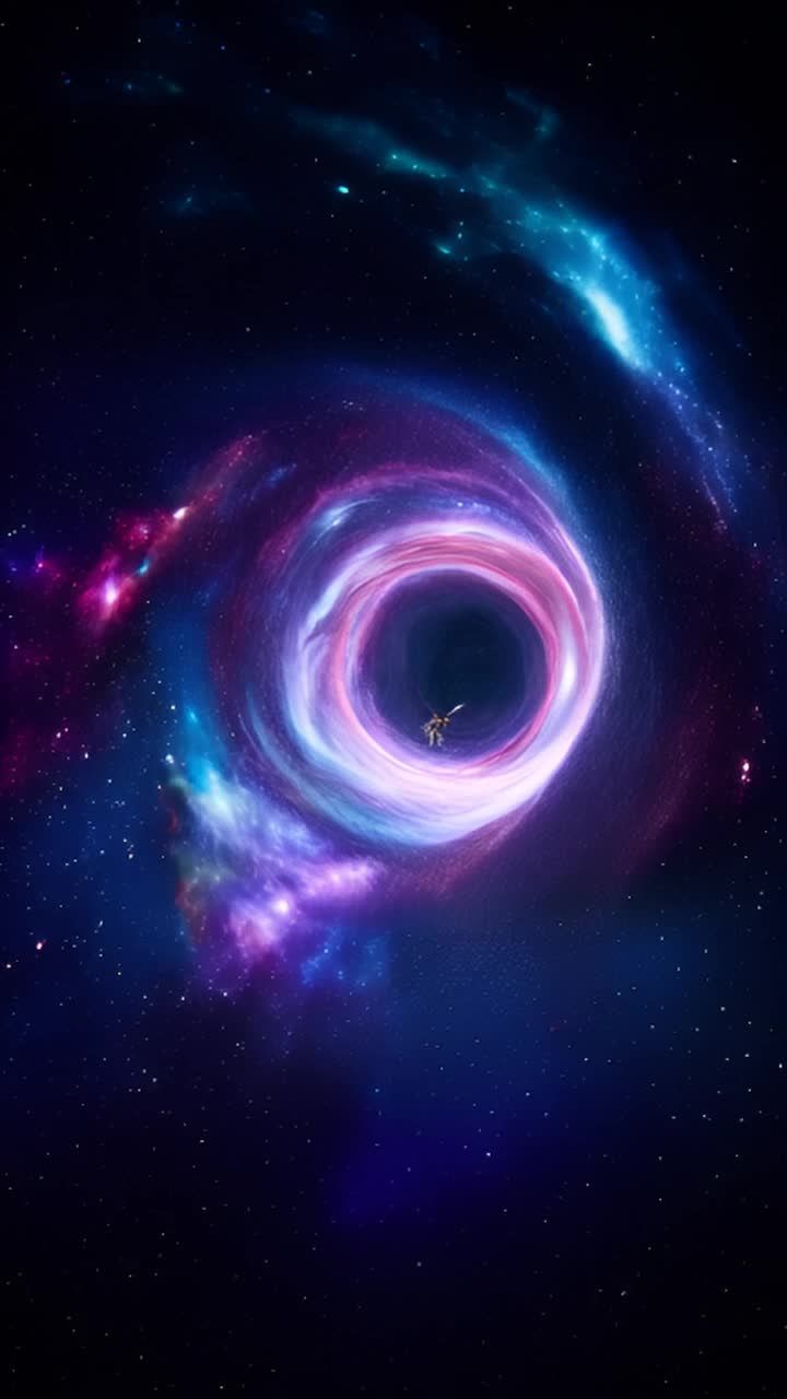图像展示了一个宇宙虫洞，它旋转着充满活力的色彩和宇宙能量。虫洞周围是璀璨星空，虫洞中心似乎有一个巨大的黑洞。这个虫洞呈现出明亮的粉红色、紫色和蓝色调，形成了一个迷人的漩涡状结构。周围的星空中散布着星星点点，为整个景象增添了神秘而壮观的氛围。在这个虫洞的中心，我们可以看到一个黑色的洞穴，这表明这是一个强大的引力源。黑洞的存在使得虫洞具有独特的性质，允许物质和时间以一种不可思议的方式弯曲。总的来说，这张图片给人一种探索未知宇宙的感觉，激发了人们对太空的好奇心和想象力。