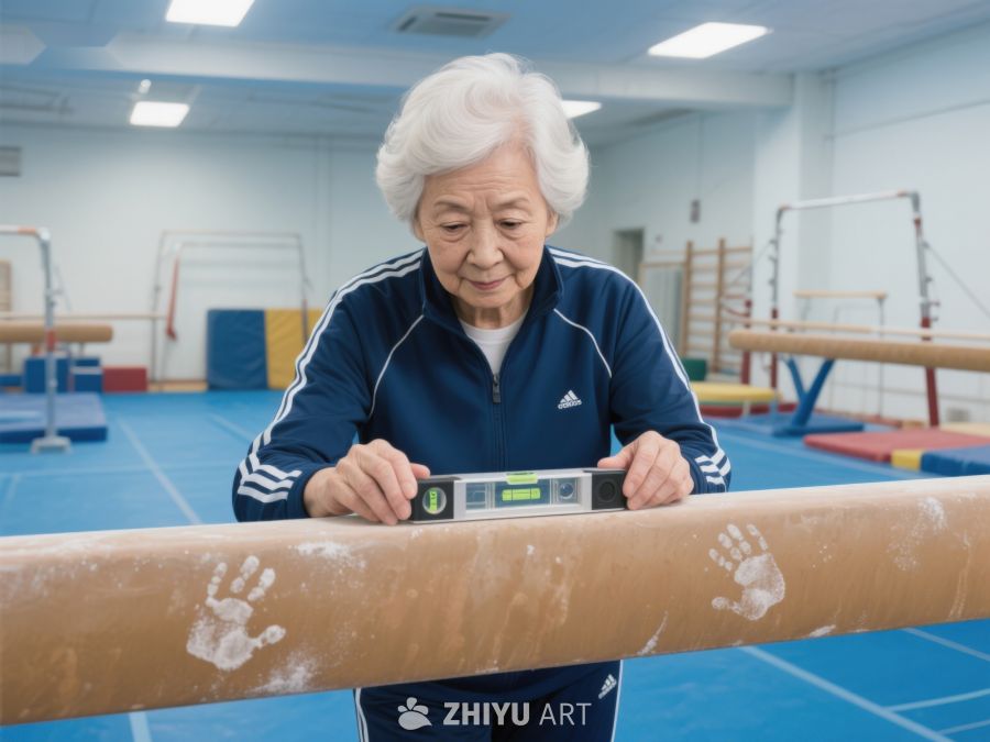 老年女性在体操房测量平衡木 282