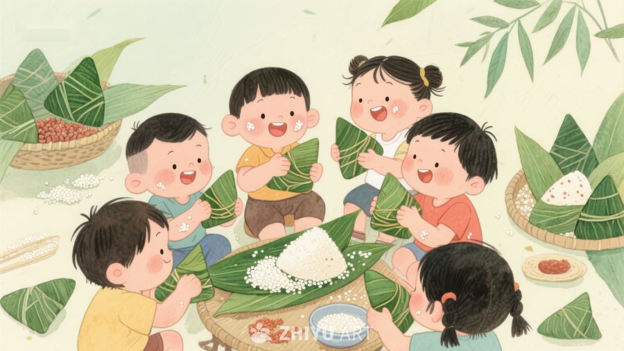 孩子们一起包粽子的温馨场景 163