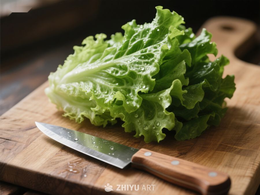 新鲜生菜与刀具置于木制砧板上 514