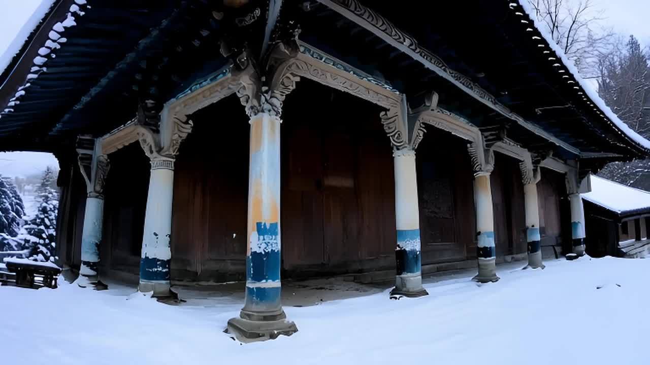 一座被白雪覆盖的古老建筑，建筑有精美的雕梁画栋，在