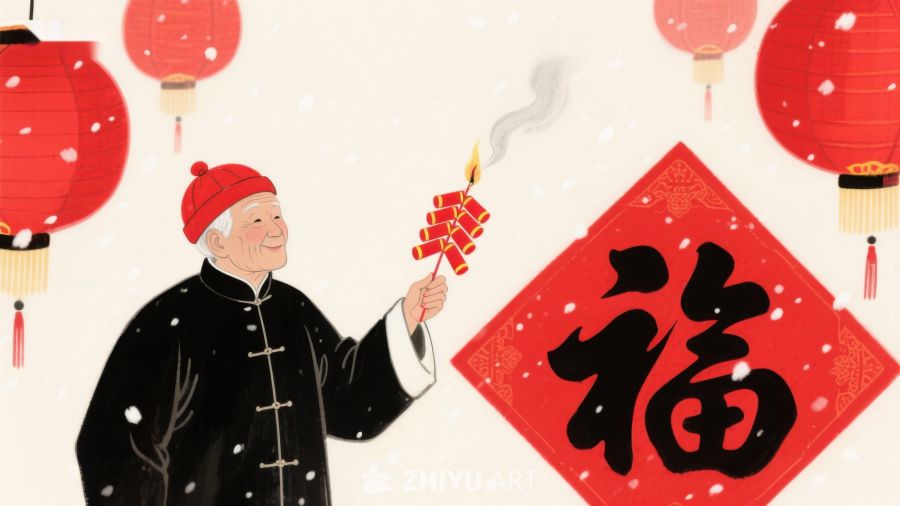 老人手持鞭炮，庆祝新年 627