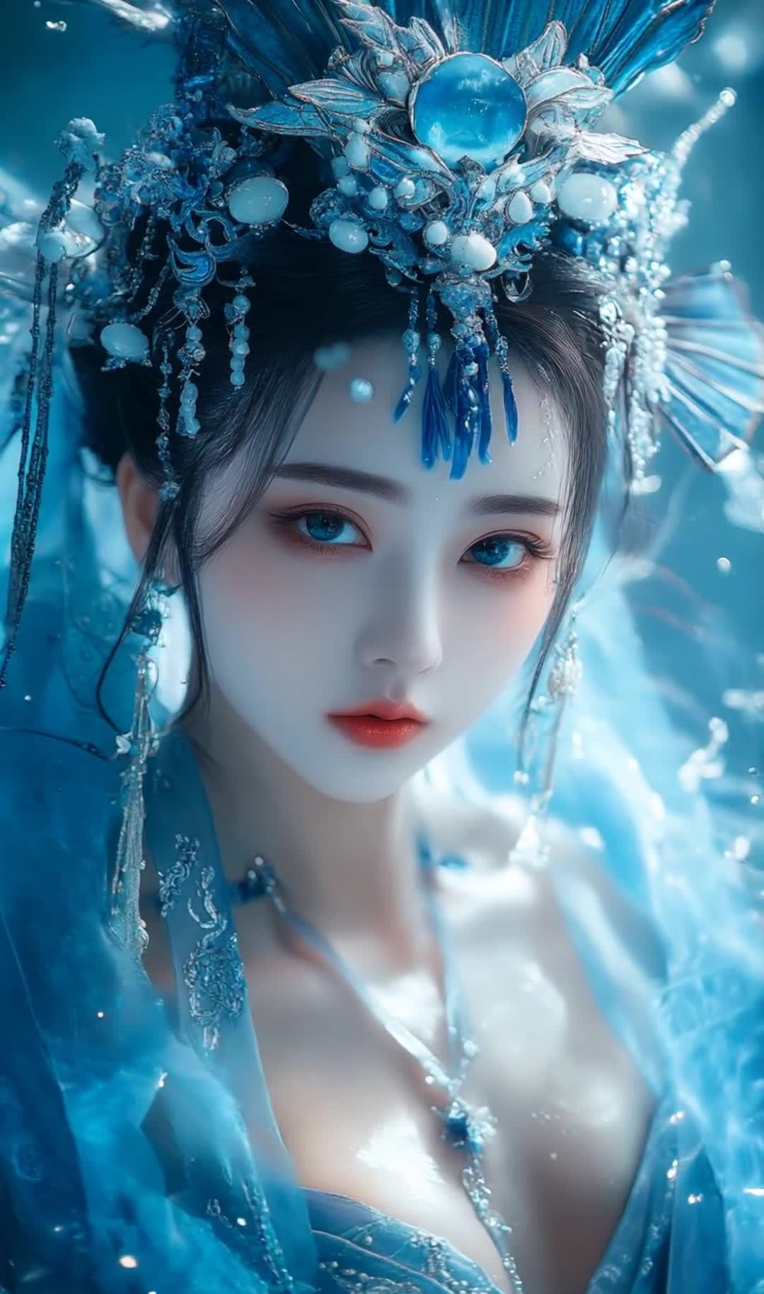 水蓝色系女子特写，精致妆容与华丽头饰。