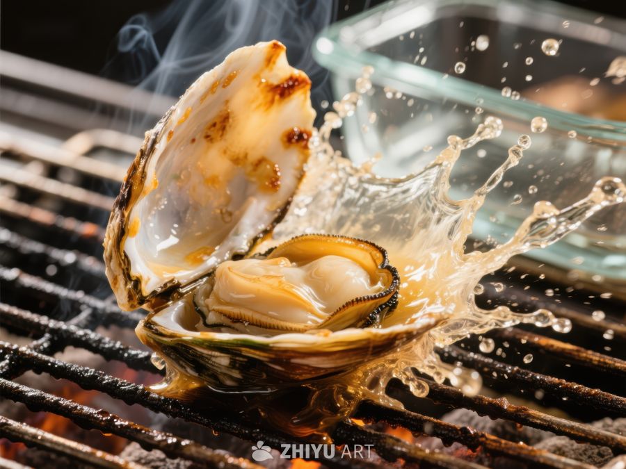 烤架上的牡蛎，蒸汽四溢