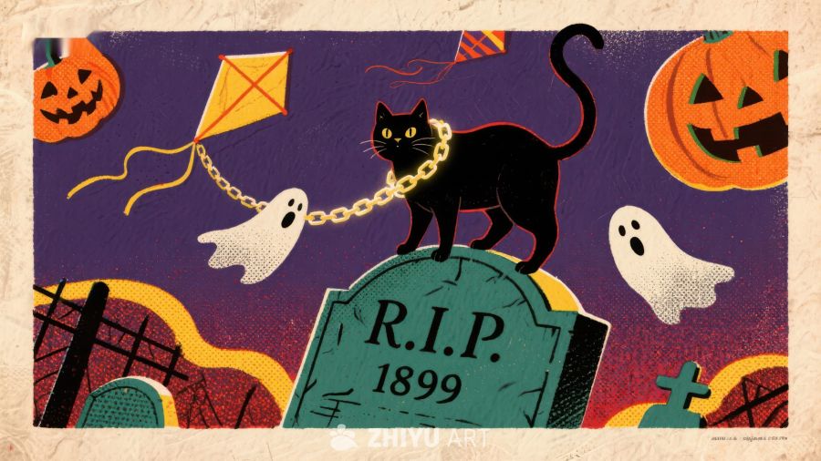 万圣节墓碑与黑猫