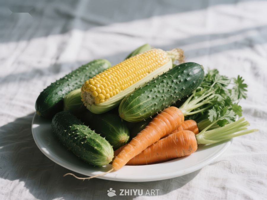新鲜蔬菜盘：玉米、黄瓜、胡萝卜和香菜 677