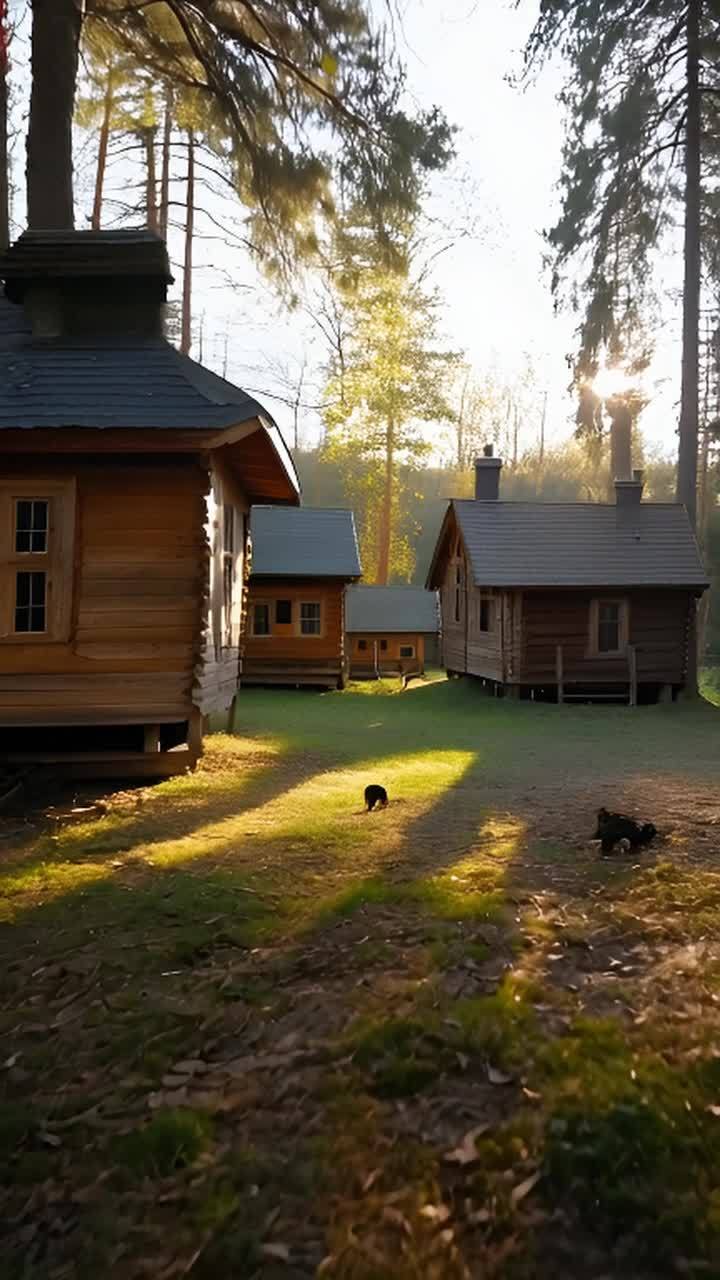 低角度，静态镜头：几栋木制小屋坐落在宁静的森林中。