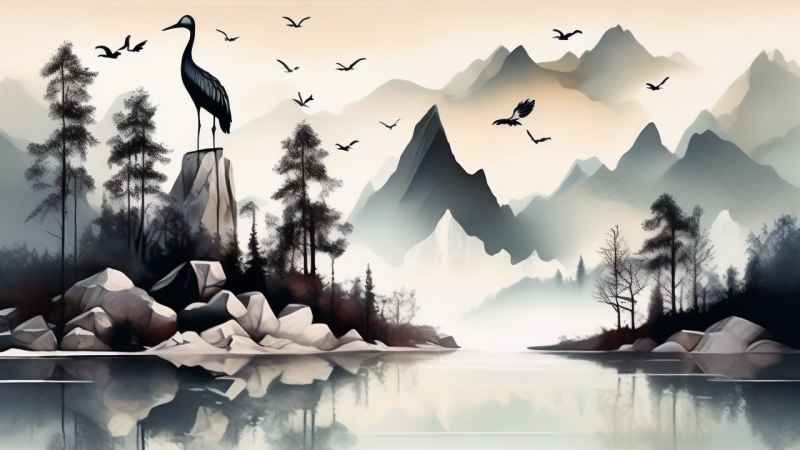 国风山水鹤插画背景 14
