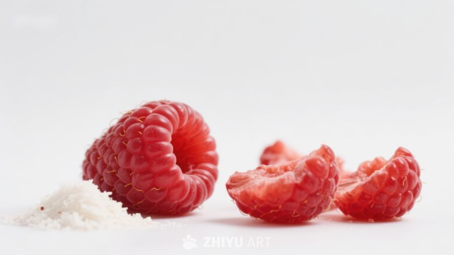 新鲜覆盆子与粉末的特写 628