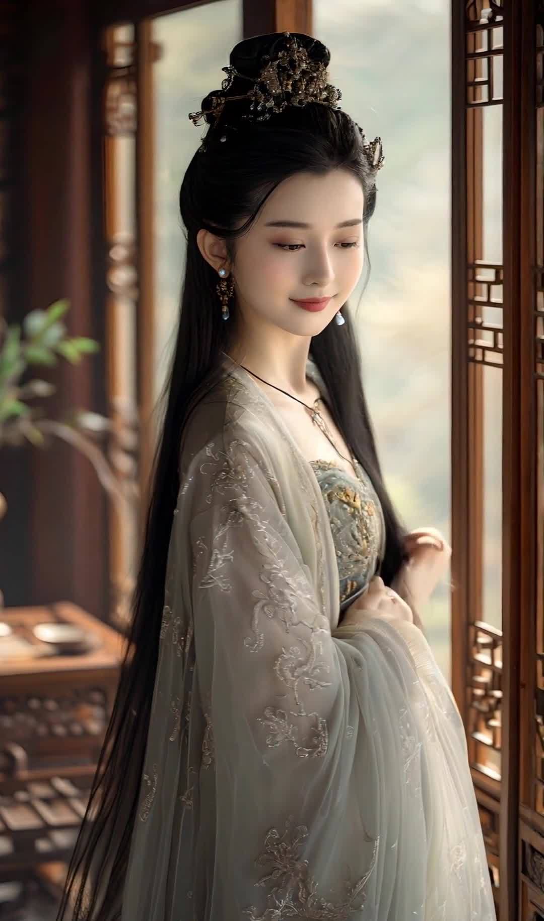 古典美人倚窗，着汉服，发饰精美，面带微笑。