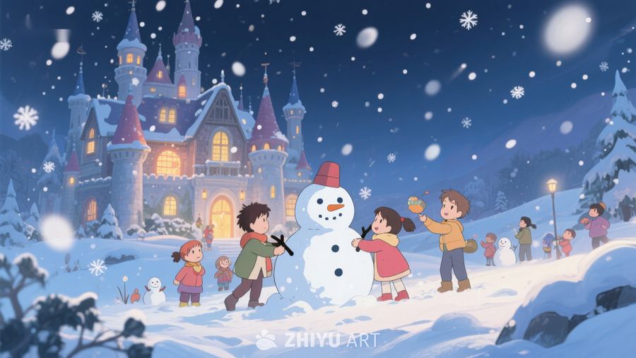 冬夜城堡前的雪人游戏 33