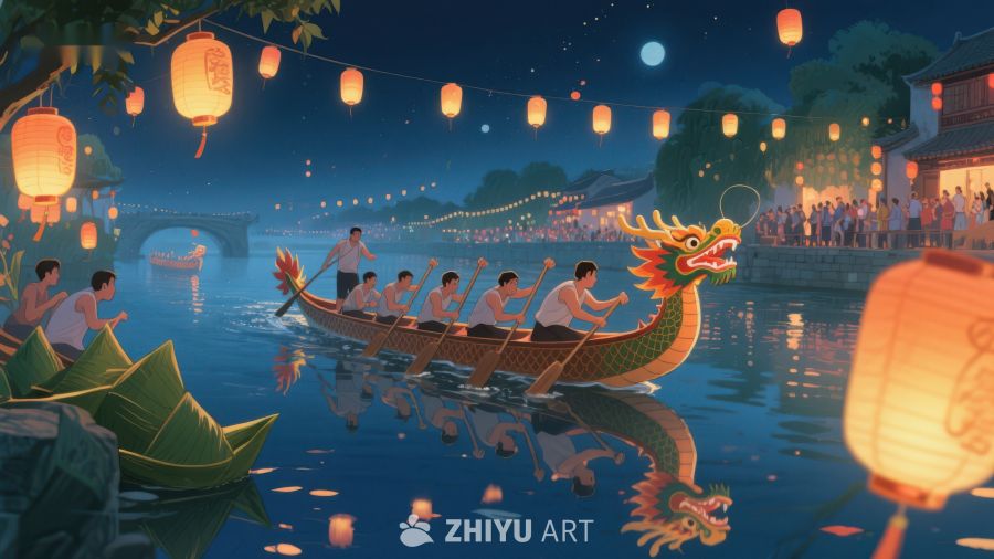 夜景龙舟赛，灯火映照水面 406
