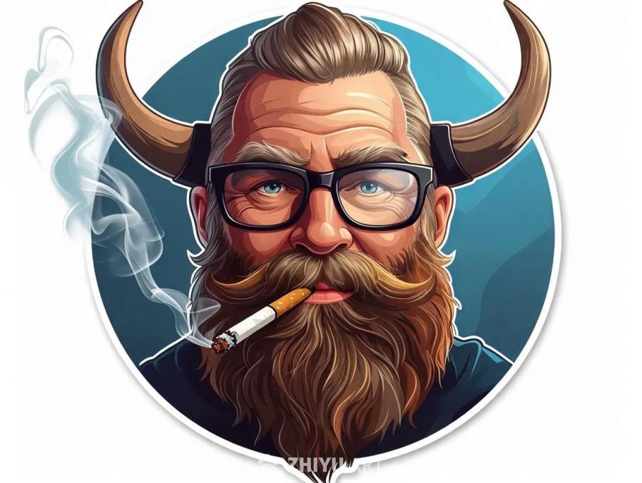 一个留着长胡子的维京老人戴着黑框眼镜，嘴里叼着一根