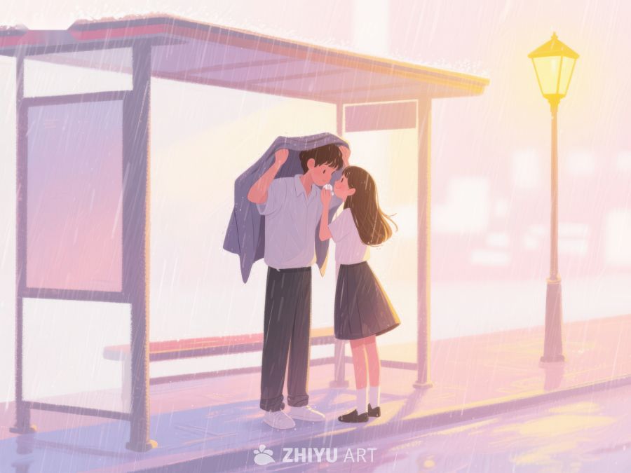 雨中公交站的温馨瞬间 1139