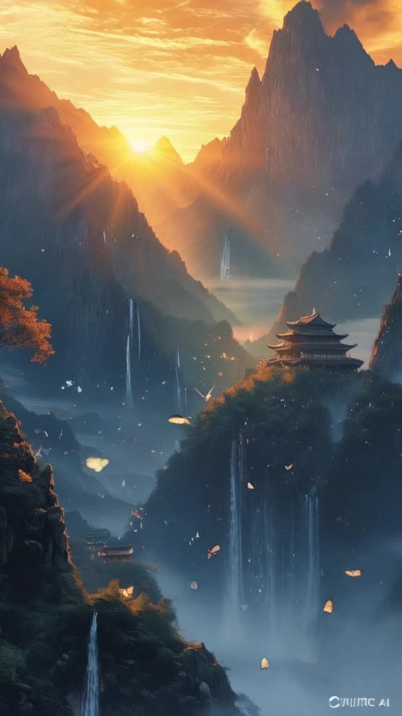 太阳在山峰之间升起，天空呈现橙色和黄色。山峦连绵起
