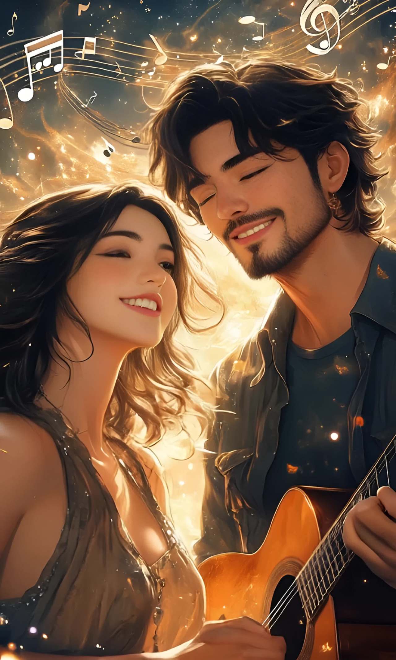 一名男子怀抱着吉他，闭着眼睛，面带微笑。一名女子看
